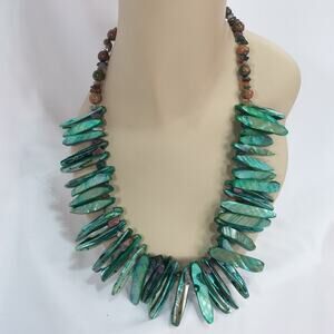 Green Abalone Shell Tribal Necklace Iridescent Artisan Made Unakite Gemstones